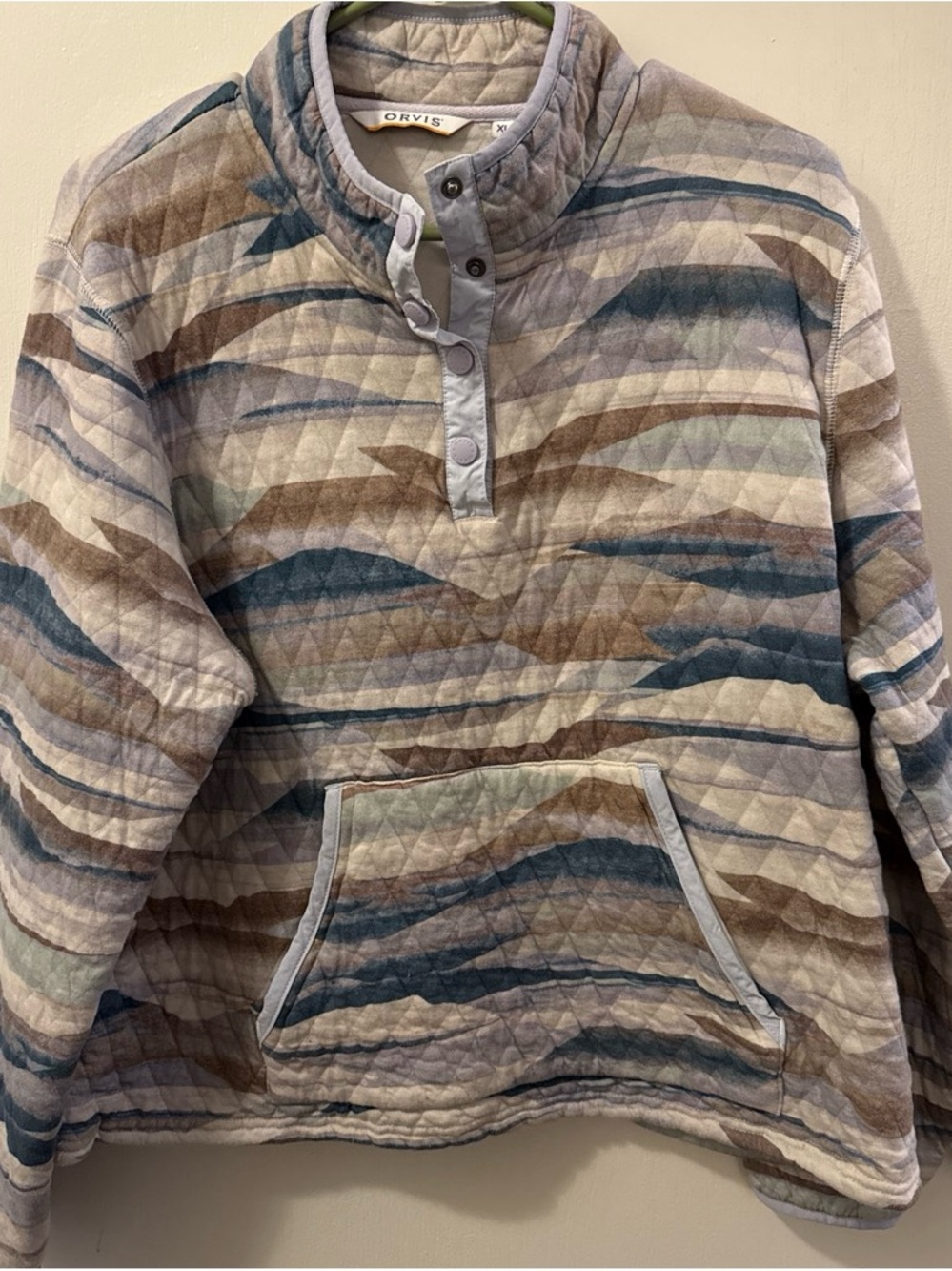 Orvis Women's Quilted Zip-Neck Pullover in Blue, Brown and Cream